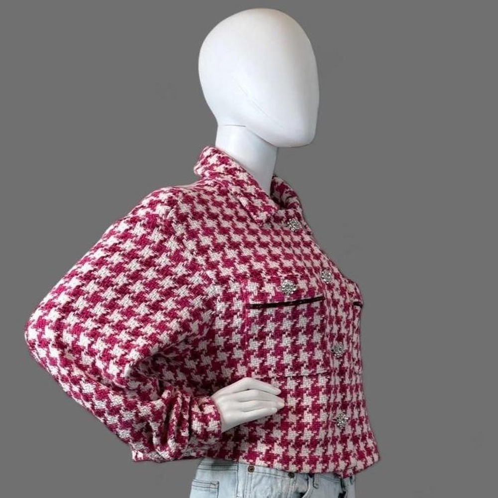 Zara Pink Houndstooth Tweed Cropped Jacket Rhinestone Buttons M